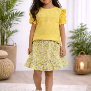 Ensemble fille jaune & jaune fleuri– 8 ans