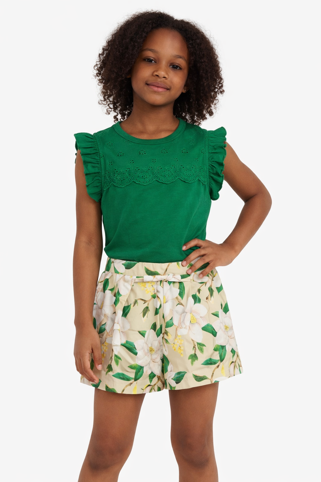Ensemble fille vert & beige fleuri – 8 ans